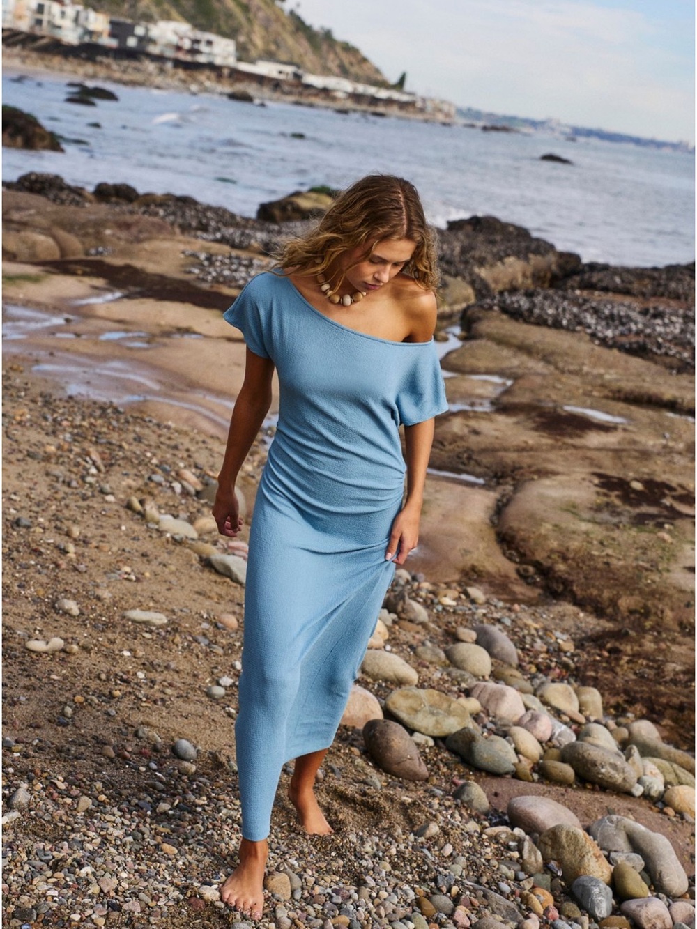 Free People Beach Promenade Crescent Blue One-Shoulder Ribbed Knit Maxi Dress